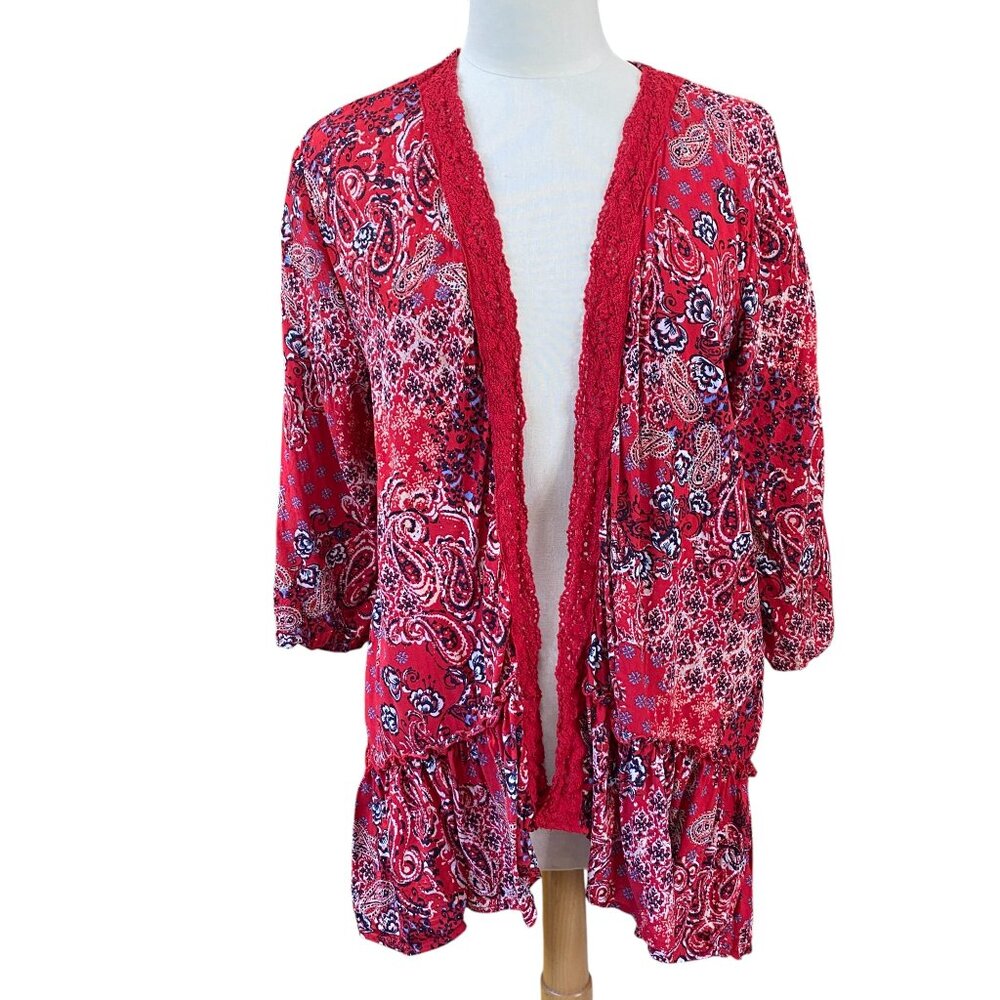 Crochet Lace Paisley Open Kimono Sz XL Red Boho Western Festival Ruffle Feminine